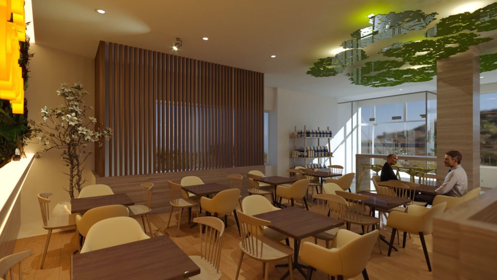 Projeto de arquitetura de confeitaria e mercearia biológica.