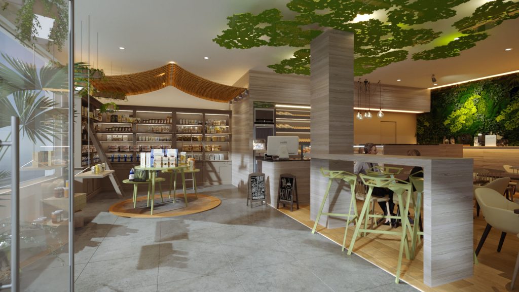 Projeto de arquitetura de confeitaria e mercearia biológica.