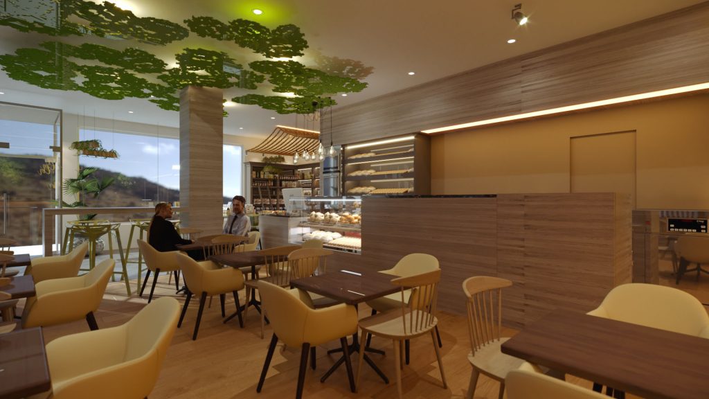 Projeto de arquitetura de confeitaria e mercearia biológica.